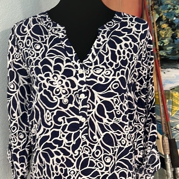 Talbots,Linen Tunic Top,EUC,Beautiful Navy & White Print,1X - Picture 5 of 8
